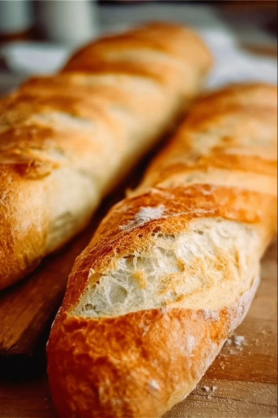 Golden and crispy French bread loaf on a wooden cutting board