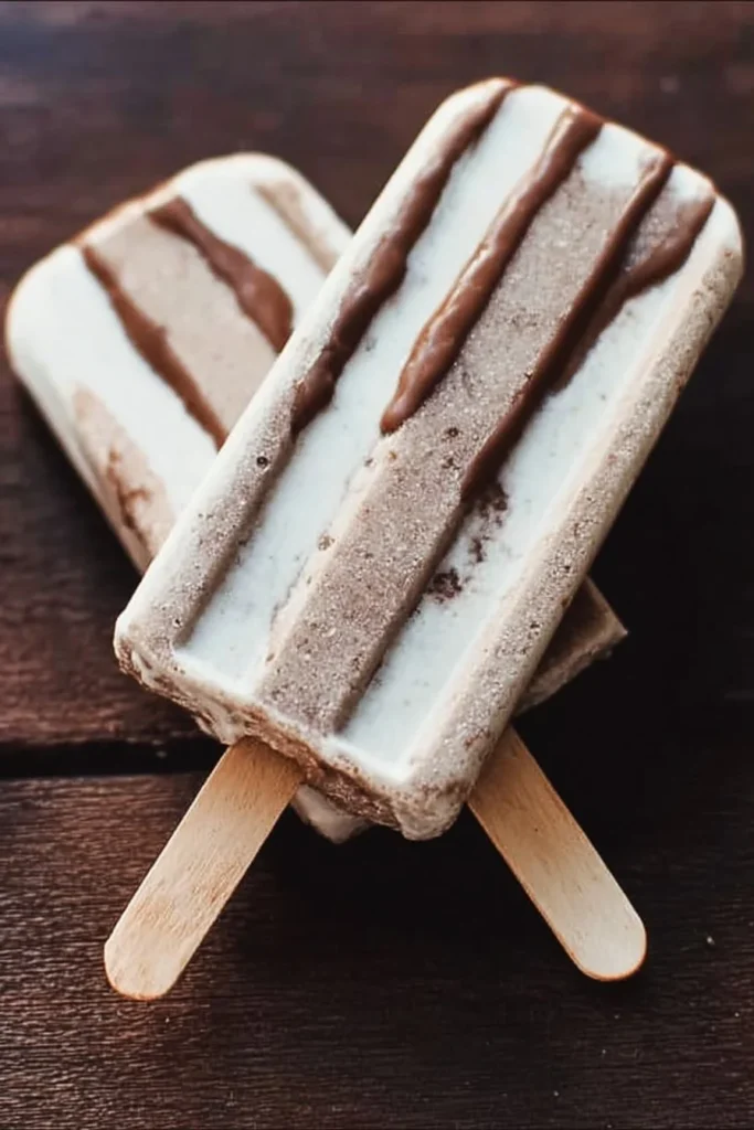 Creamy Greek yogurt fudgesicles on a wooden board with fresh fruits