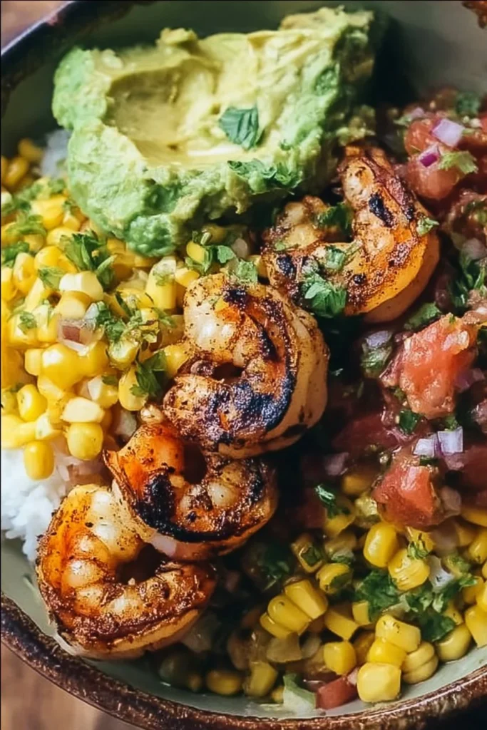 Grilled shrimp bowl with avocado and corn salsa garnished with lime