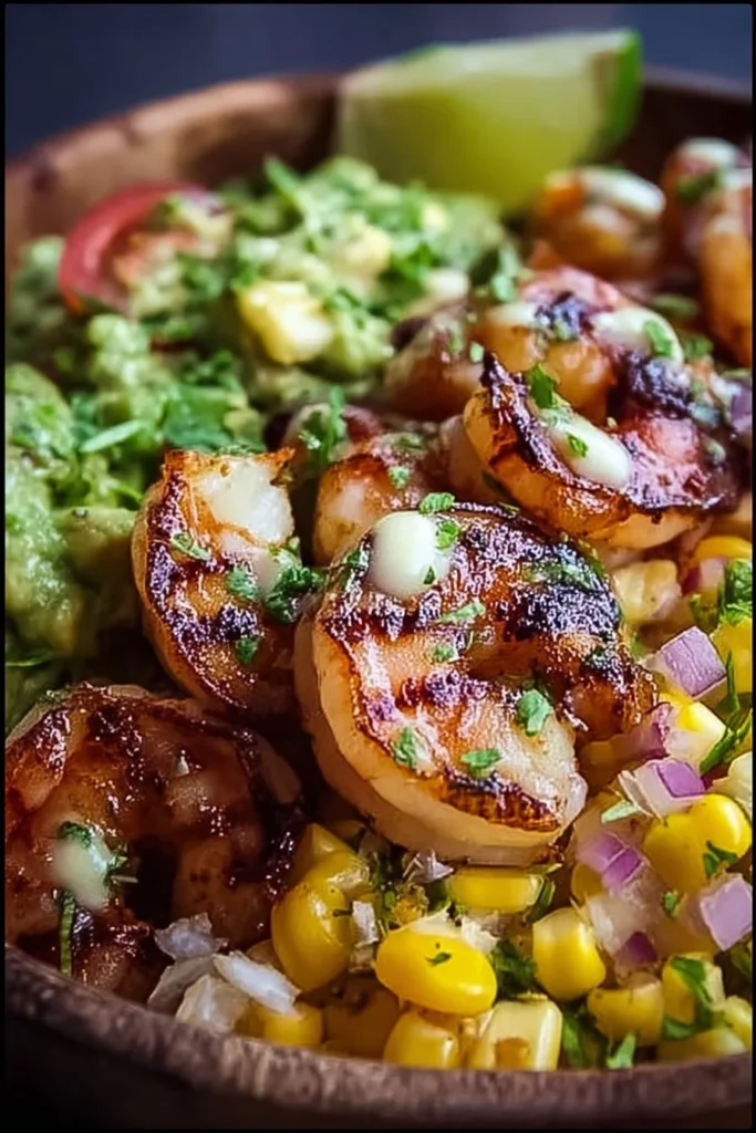 Grilled shrimp bowls with avocado and corn salsa
