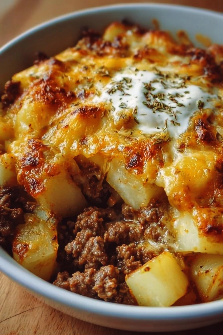 Ground Beef and Potatoes Casserole 2 Delicious ground beef and potatoes casserole baked with cheese and seasoning