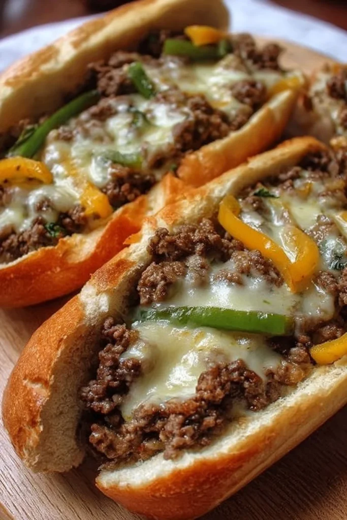 Delicious Ground Beef Philly cheesesteaks served on a toasted hoagie roll.
