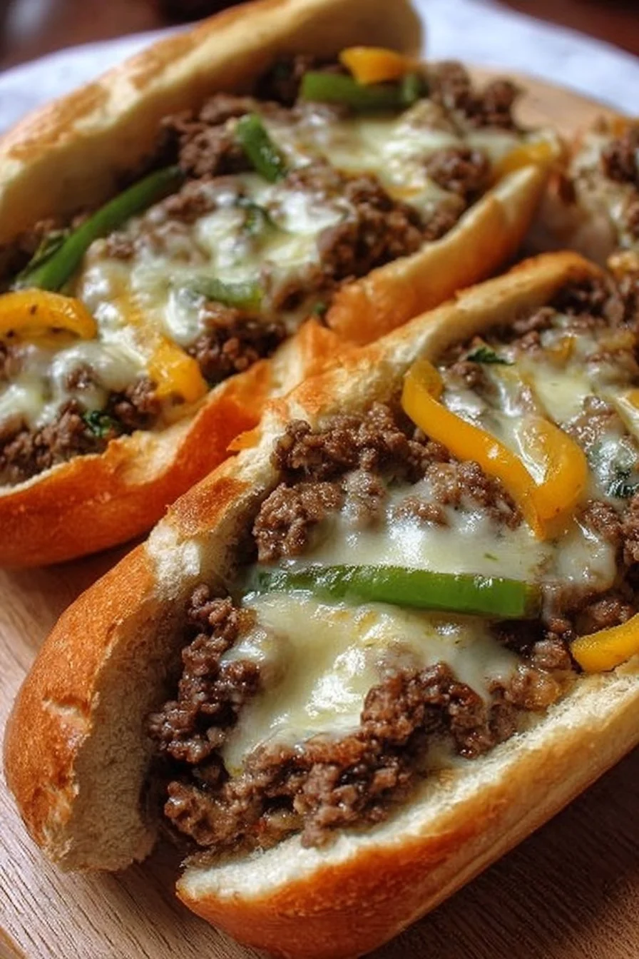 Ground Beef Philly Cheesesteaks 2 Delicious Ground Beef Philly cheesesteaks served on a toasted hoagie roll.