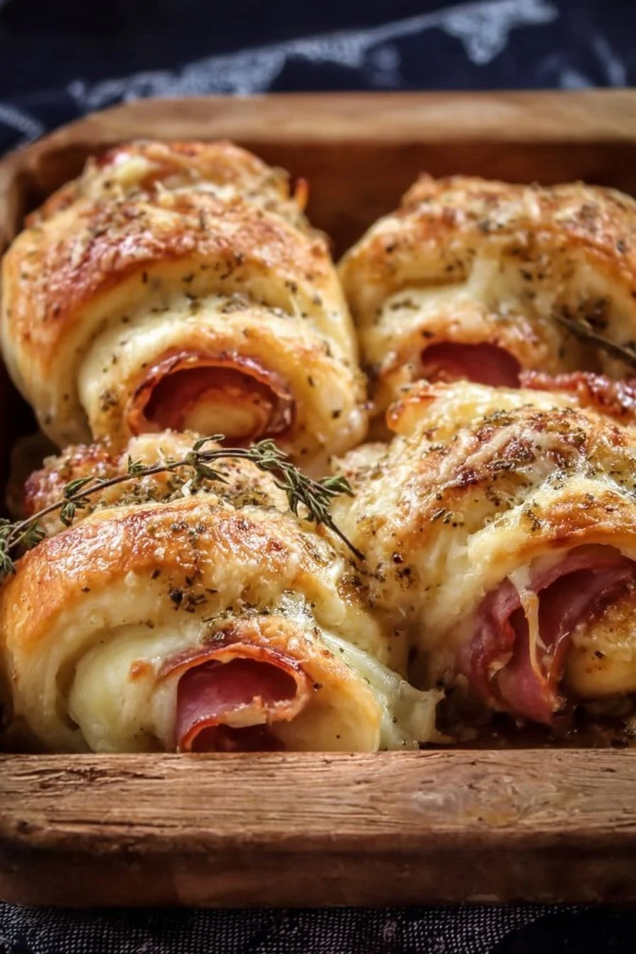 Ham and cheese crescent rolls on a plate, golden and flaky.
