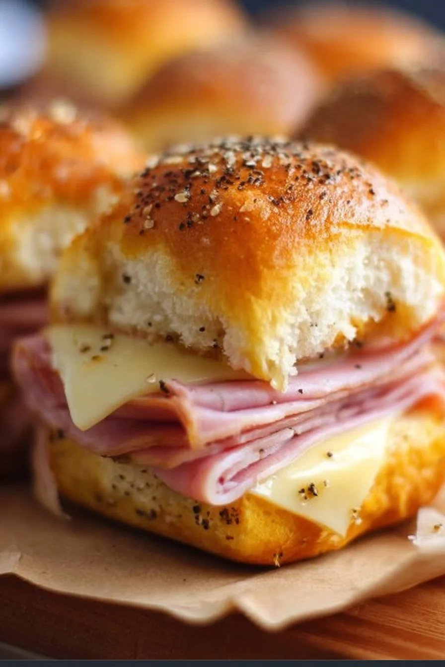 Ham and cheese sliders served on a platter, perfect for parties and gatherings