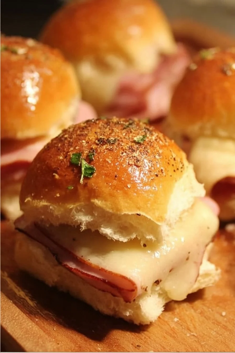 Ham and Cheese Sliders 2 Delicious ham and cheese sliders served on a platter with toppings