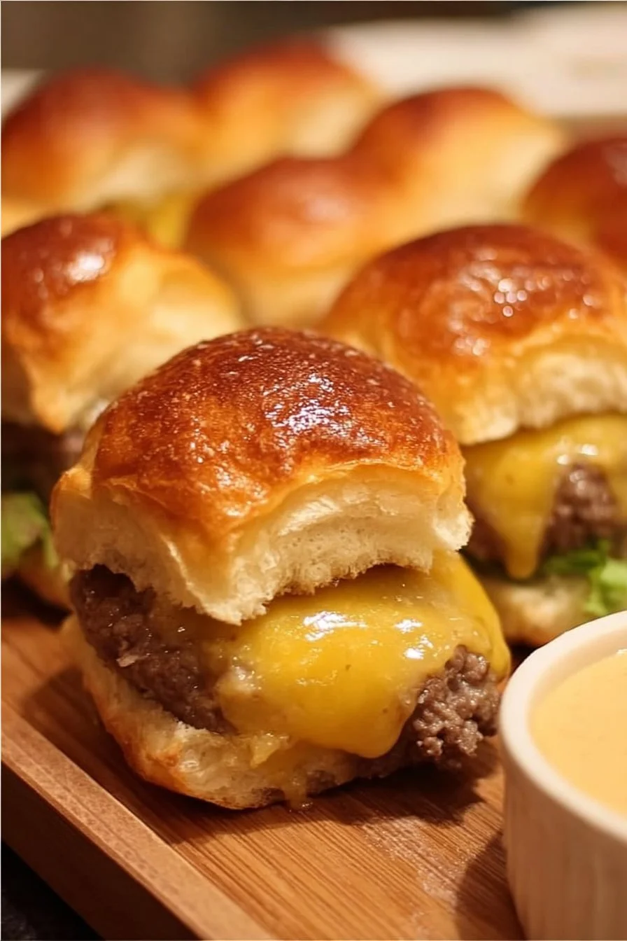 Hawaiian roll cheeseburger sliders with toppings on a serving platter