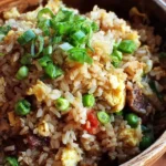 Delicious Hibachi Fried Rice served with vegetables and chicken, a Japanese dish.
