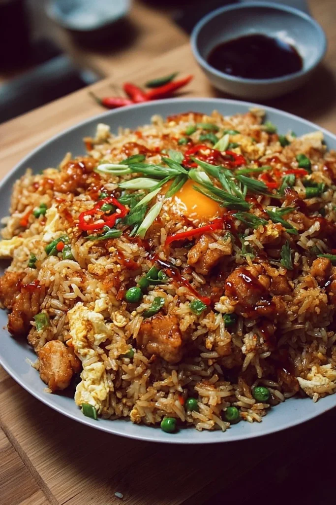 Plate of high protein crispy garlic chicken fried rice with vegetables