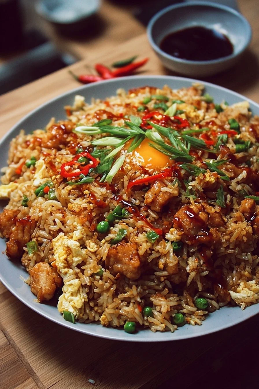 Plate of high protein crispy garlic chicken fried rice with vegetables