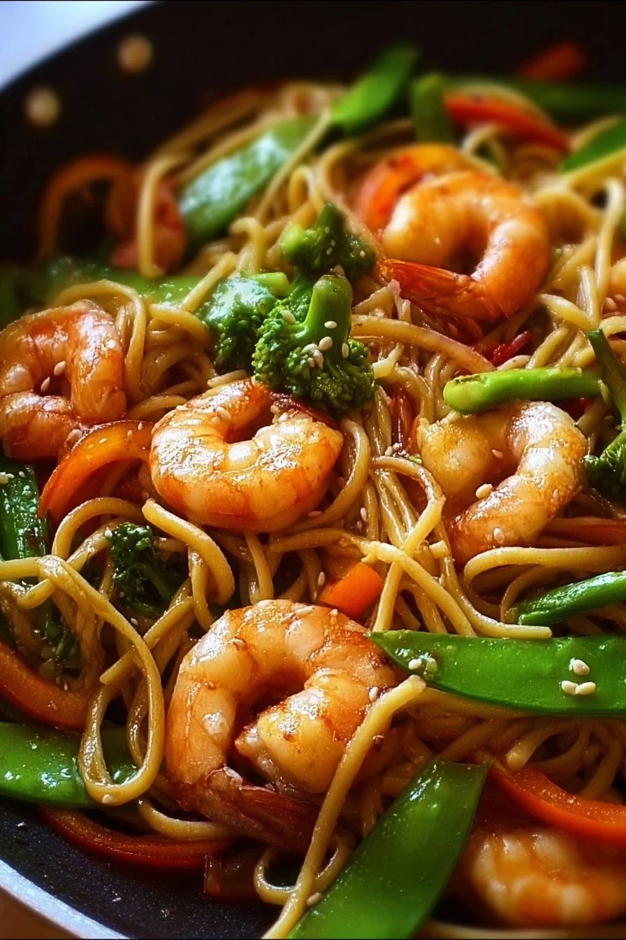 High-protein shrimp stir fry with noodles served in a colorful bowl