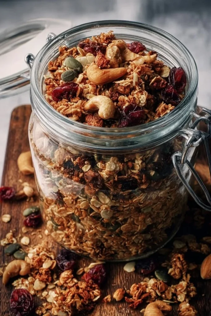 Bowl of homemade granola with nuts and dried fruits