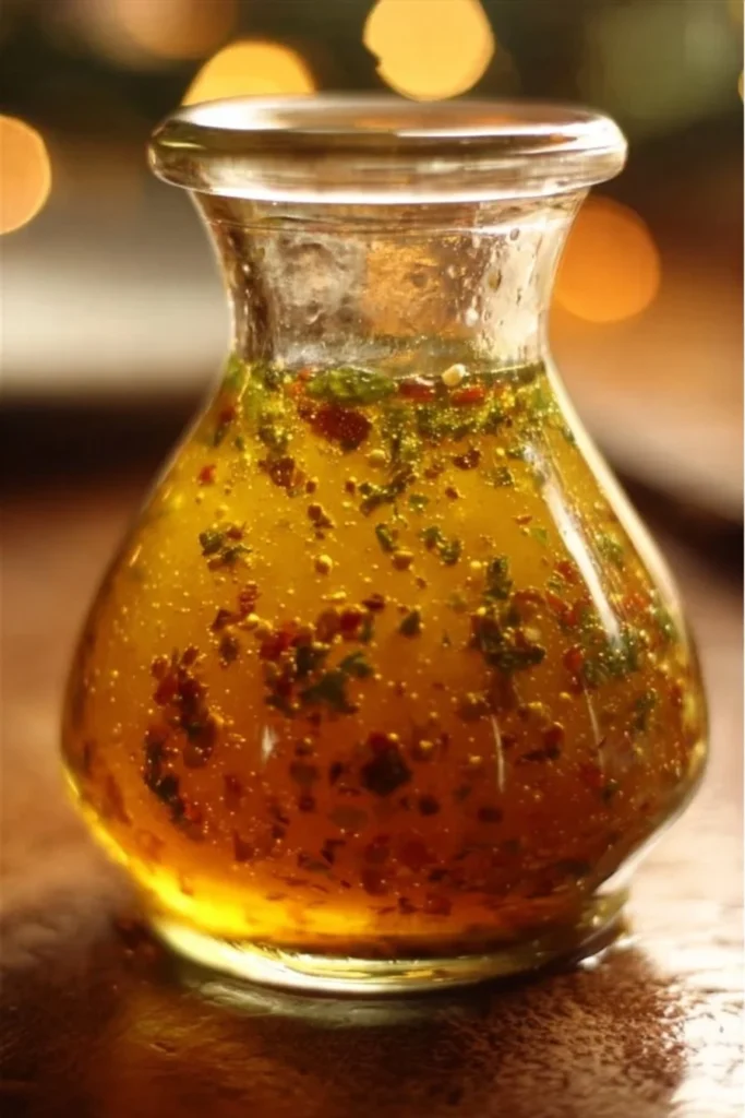 Bowl of homemade Italian dressing with fresh herbs and spices