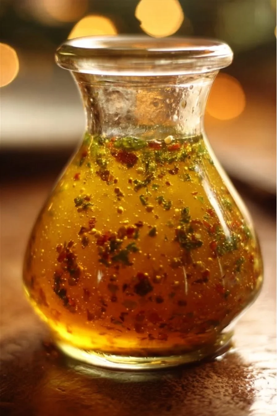 Bowl of homemade Italian dressing with fresh herbs and spices