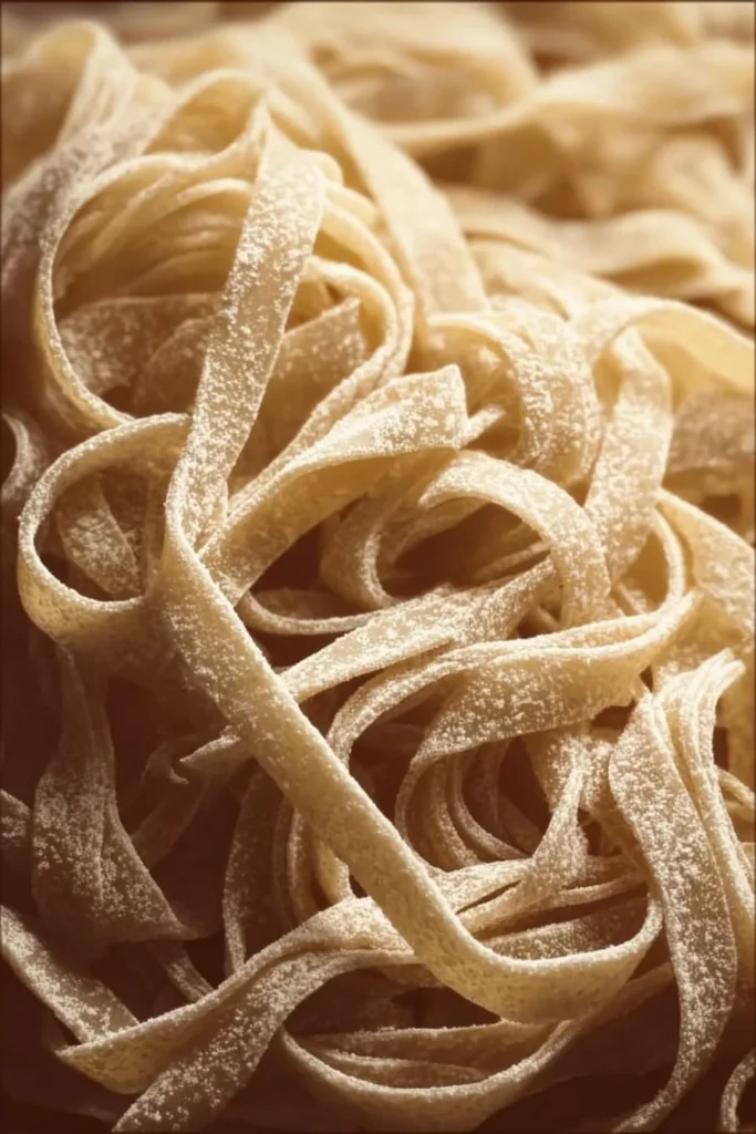Plate of freshly made homemade noodles served with sauce and herbs
