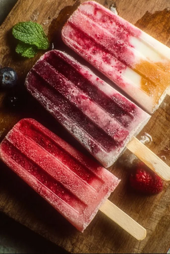Colorful homemade popsicles arranged on a wooden table