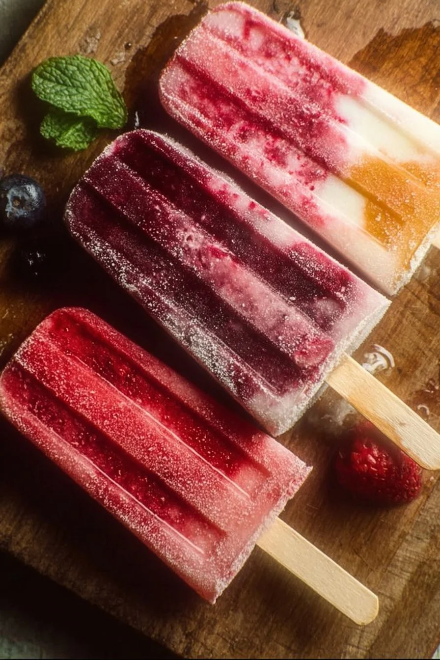 Homemade Popsicles: A Refreshing Delight 2 Colorful homemade popsicles arranged on a wooden table