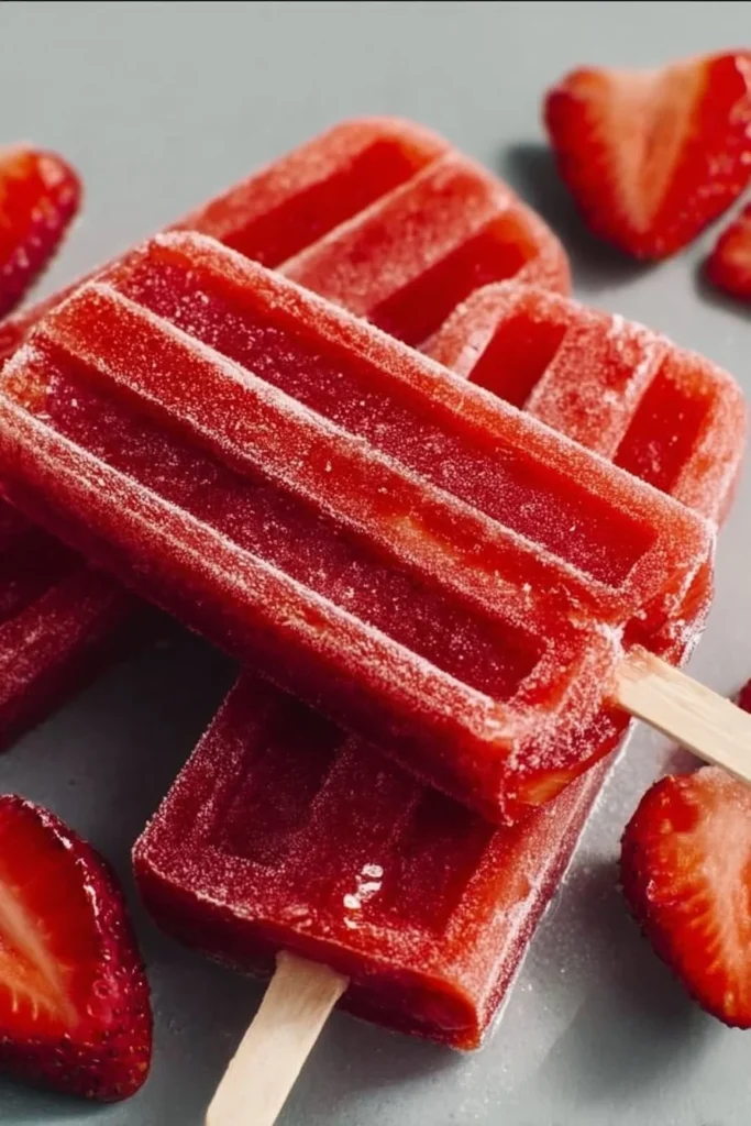 Homemade strawberry popsicles in colorful molds