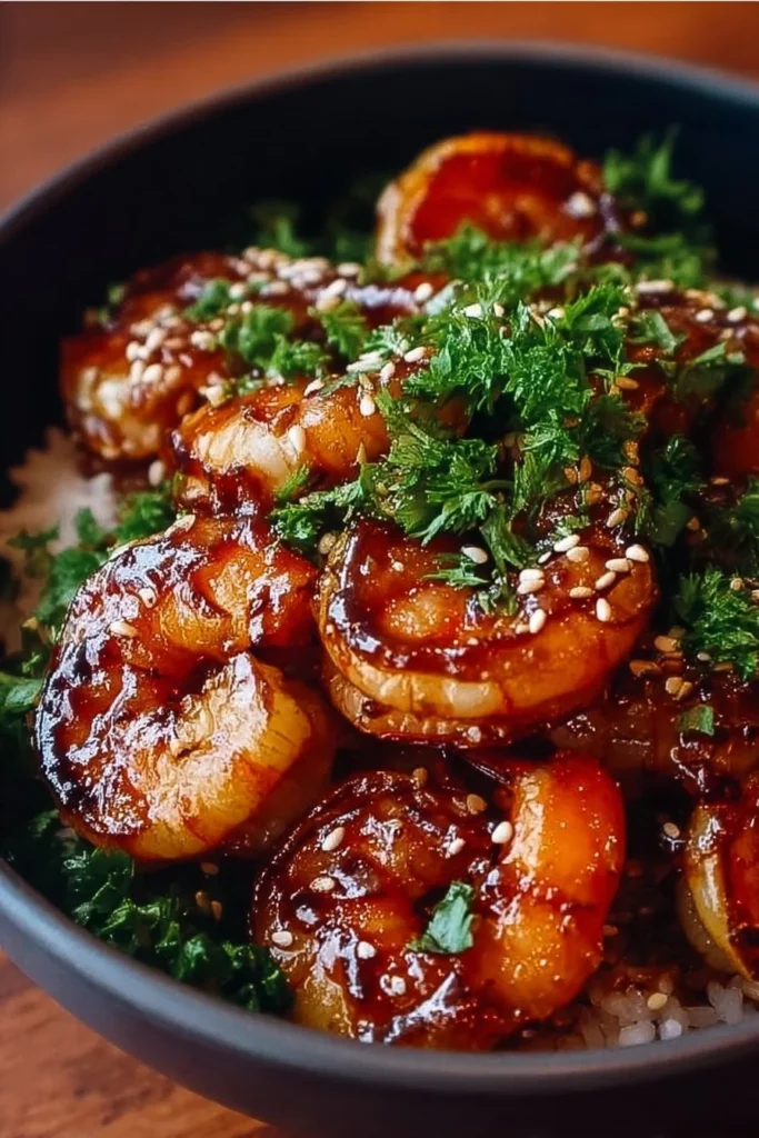 Delicious Honey Garlic Shrimp Bowls served with rice and vegetables