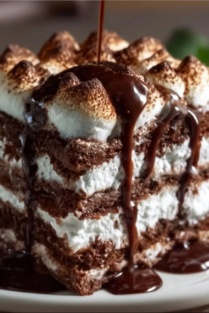 Delicious hot chocolate lasagna dessert with layers of chocolate and cream