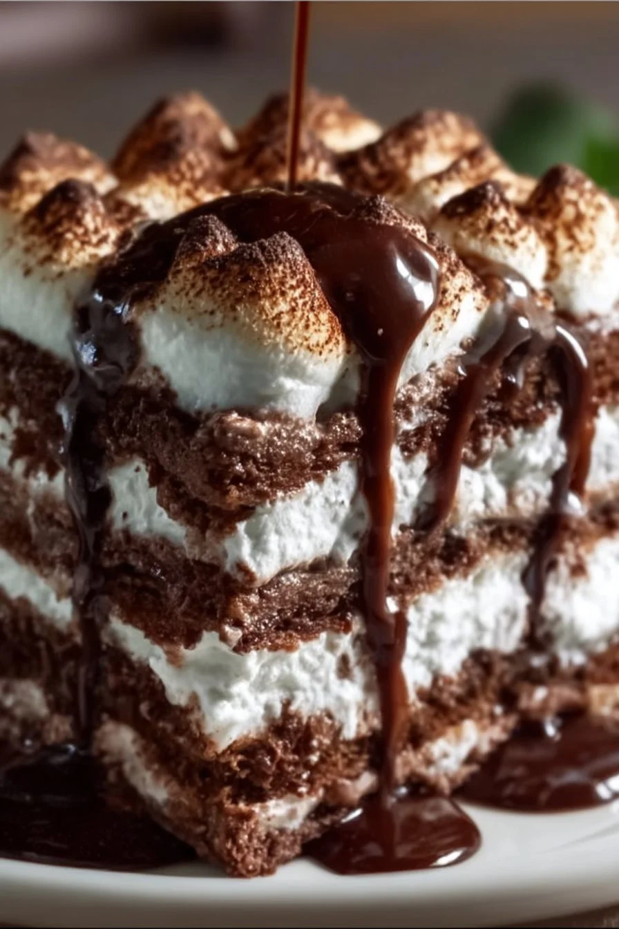 Delicious hot chocolate lasagna dessert with layers of chocolate and cream