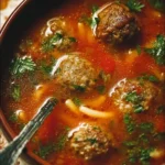 A bowl of flavorful Italian Meatball Soup garnished with fresh herbs.