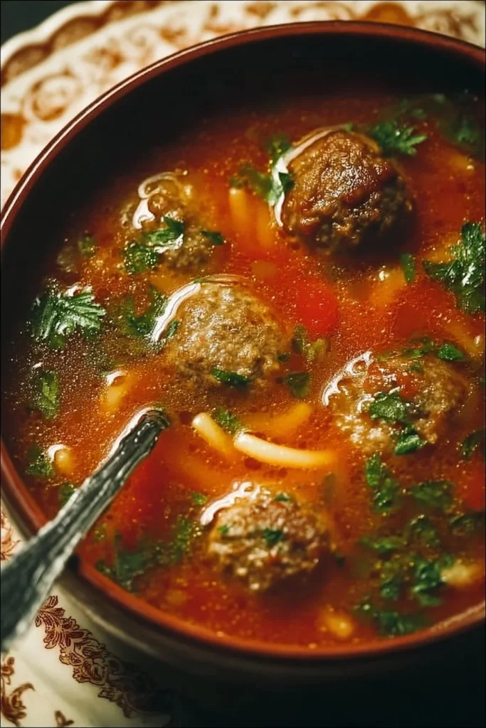 A bowl of flavorful Italian Meatball Soup garnished with fresh herbs.