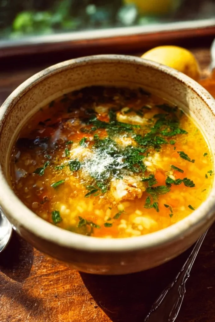 A bowl of Italian Penicillin Soup filled with fresh ingredients and spices.