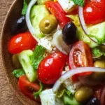 Colorful Italian salad with fresh vegetables and dressing on a plate
