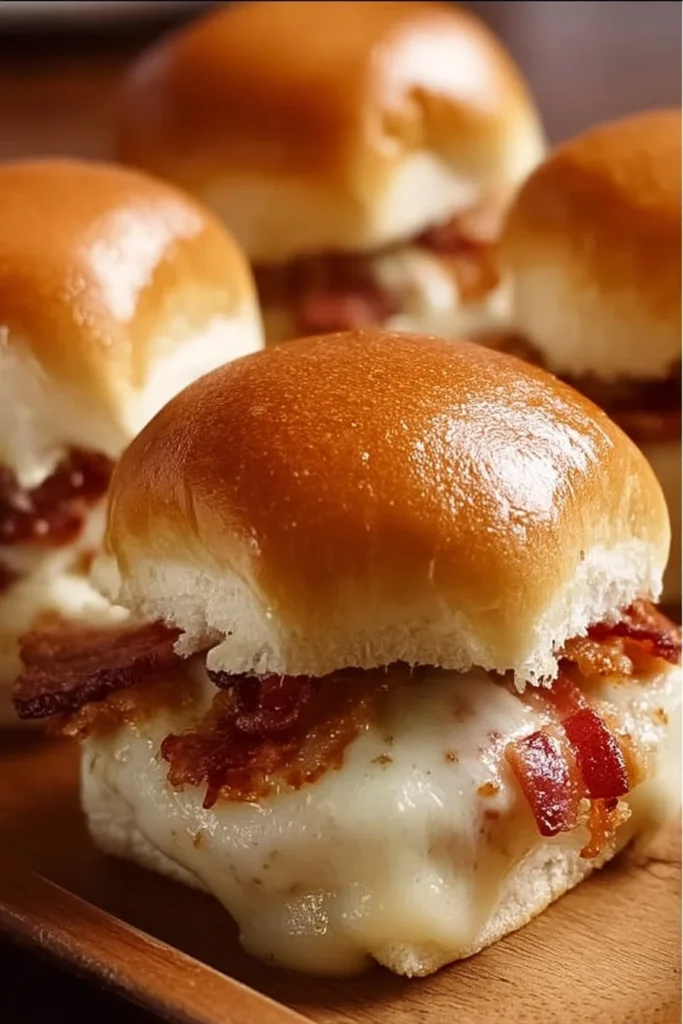 Delicious Kentucky Hot Brown Sliders topped with creamy sauce and crispy bacon