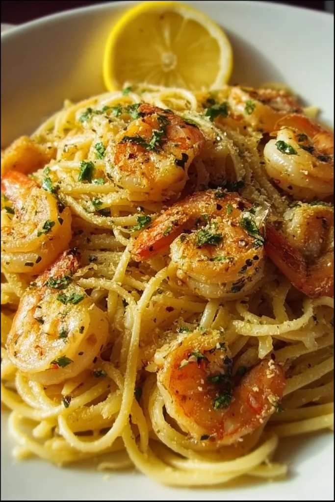 Delicious Lemon Butter Shrimp Pasta served in a bowl with lemon slices.