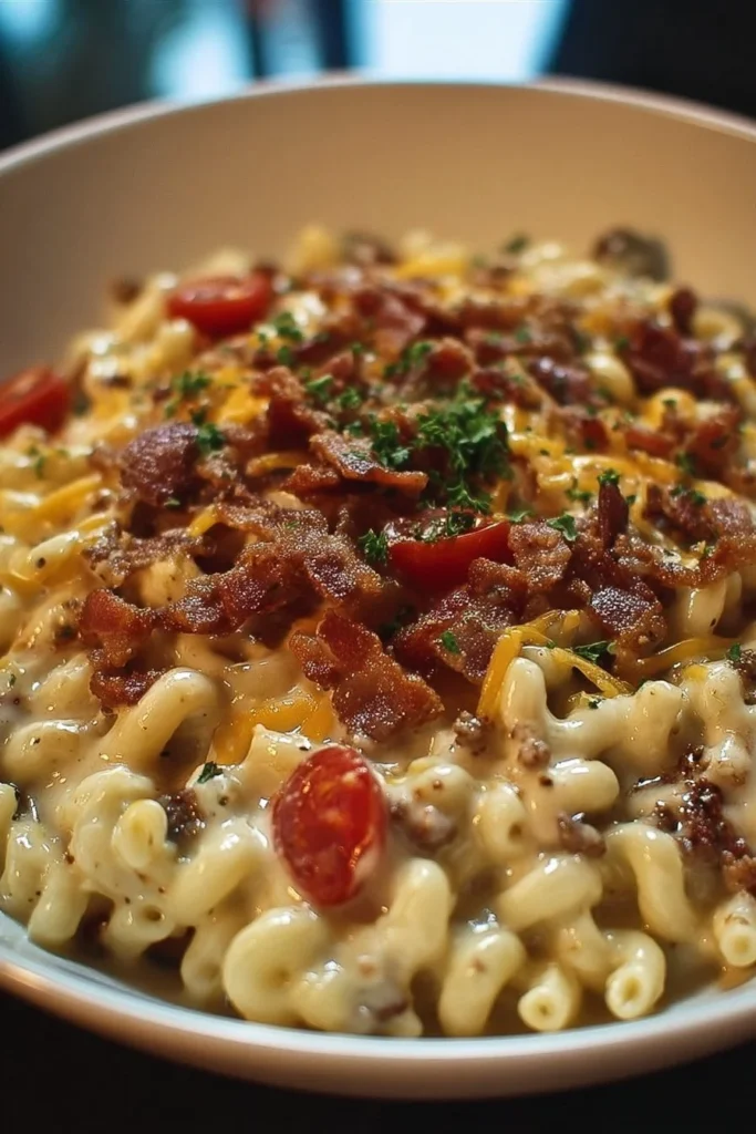 Loaded Bacon Cheeseburger Alfredo Pasta with crispy bacon and cheese