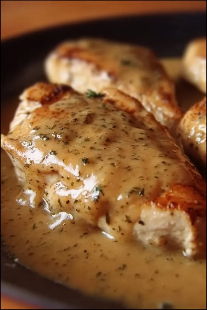 Low cooker chicken breasts served with savory gravy in a bowl.