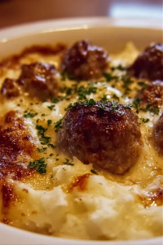 Delicious Meatball and Mashed Potato Bake topped with cheese and herbs