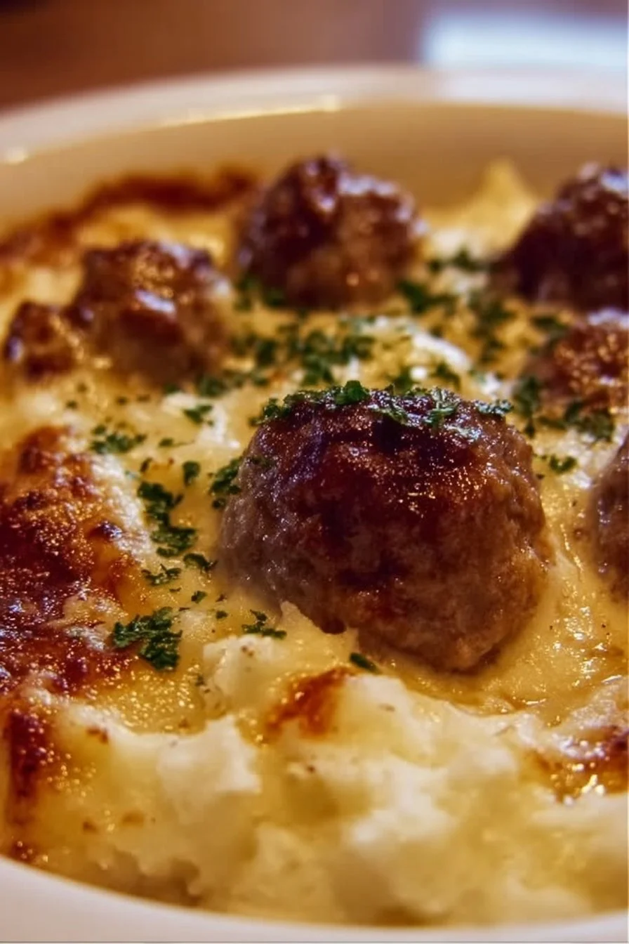 Meatball & Mashed Potato Bake 2 Delicious Meatball and Mashed Potato Bake topped with cheese and herbs