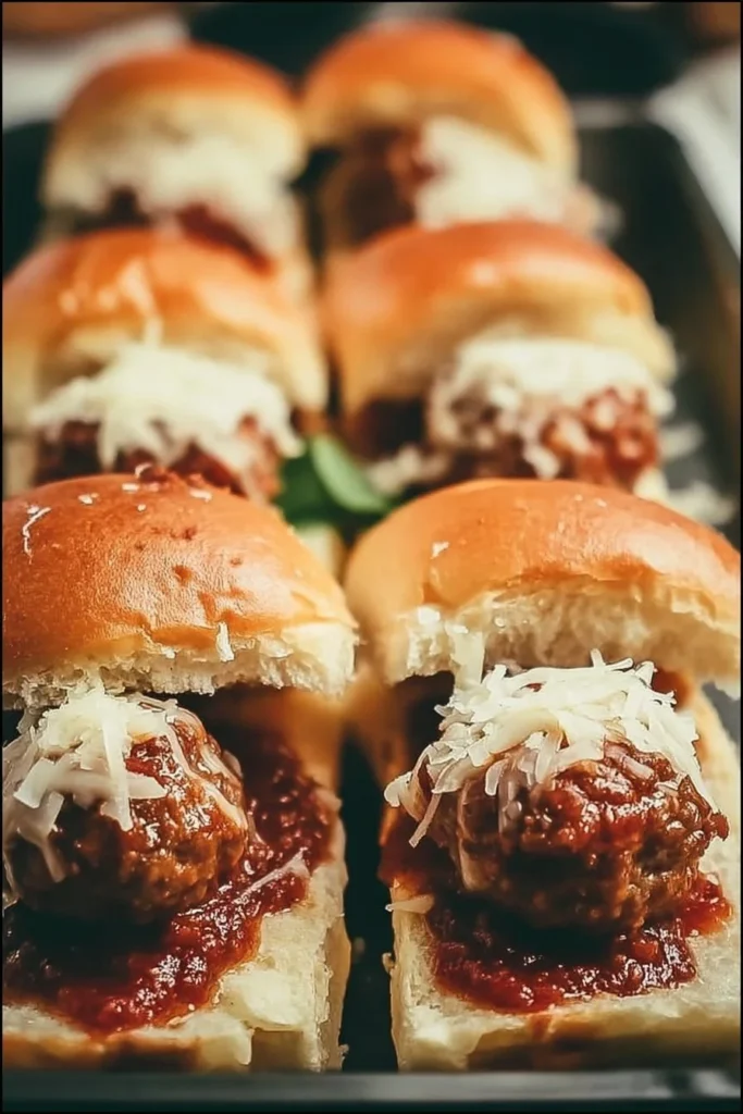 Homemade meatball sliders loaded with cheese and marinara sauce on a platter