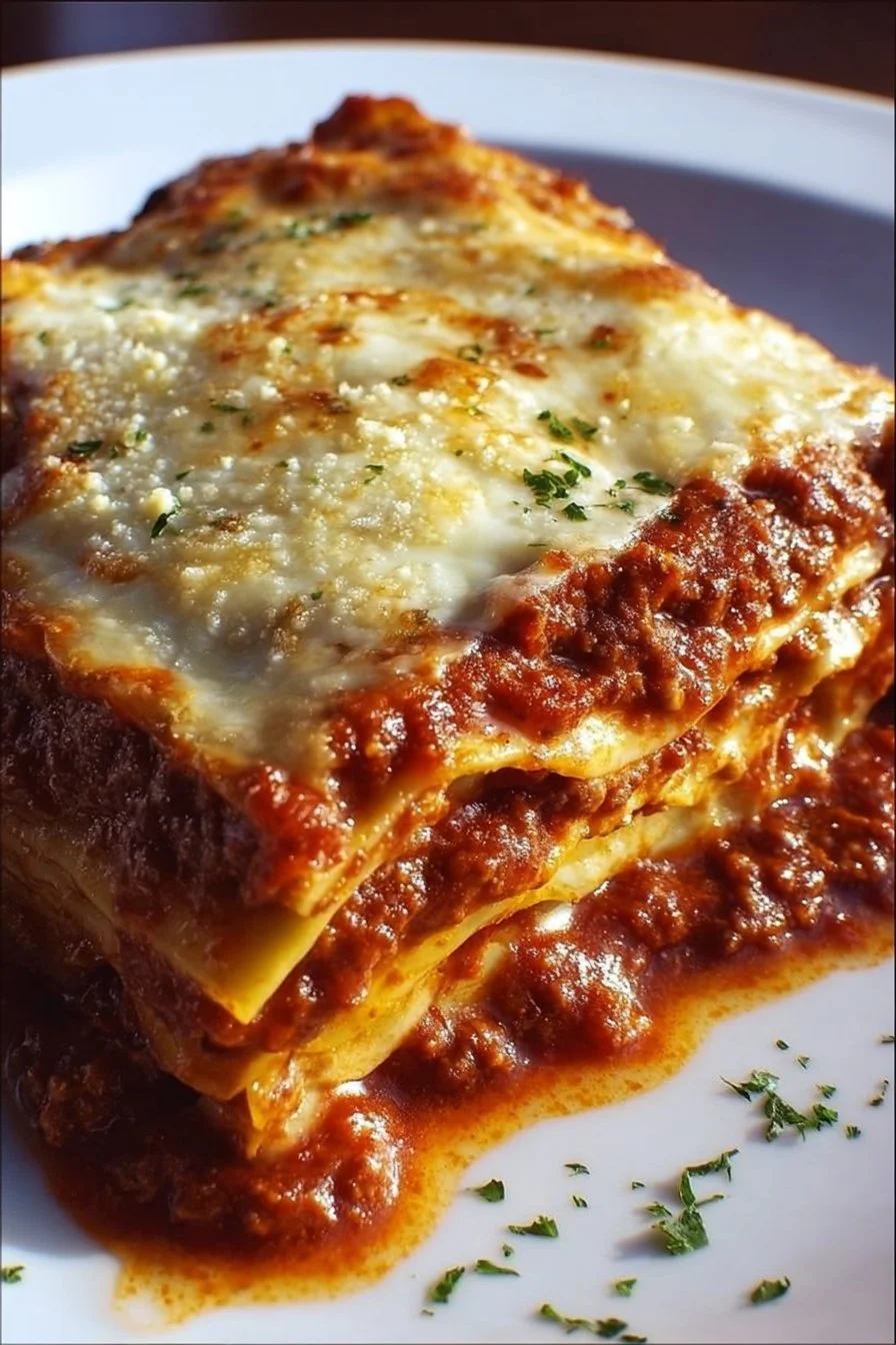 A delicious slice of Million Dollar Italian Lasagna topped with fresh herbs