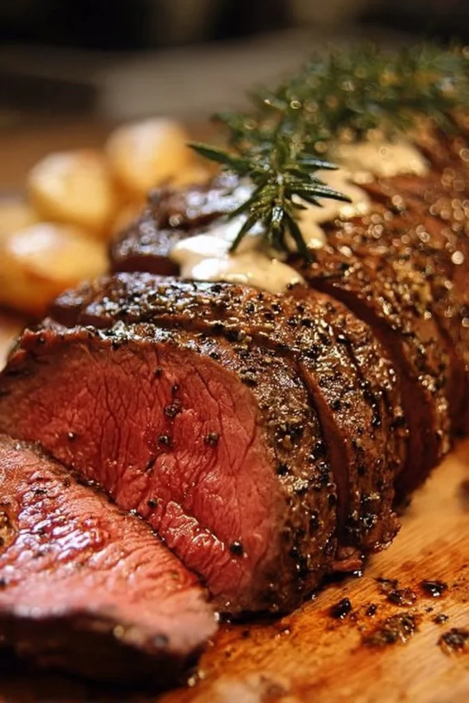 Perfectly cooked Million Dollar Roast Beef Tenderloin on a serving platter
