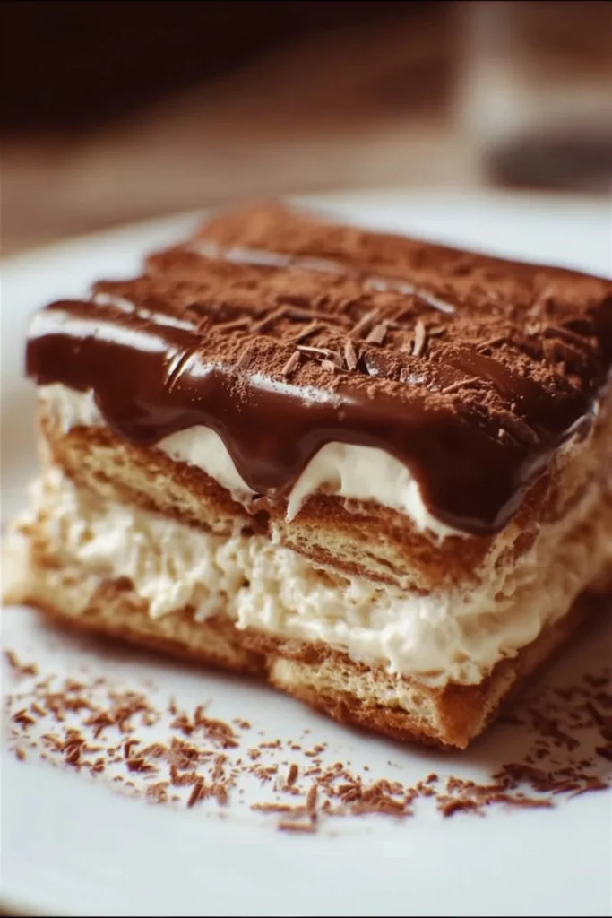 No-Bake Chocolate Eclair Cake topped with chocolate frosting and graham crackers