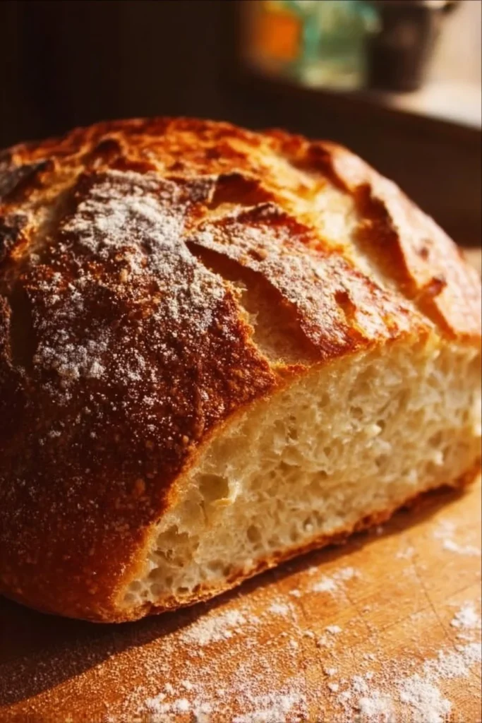 Freshly baked no-knead bread with a crispy crust and soft interior.