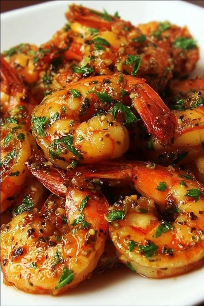 One-Pan Garlic Shrimp served with herbs and lemon on a white plate