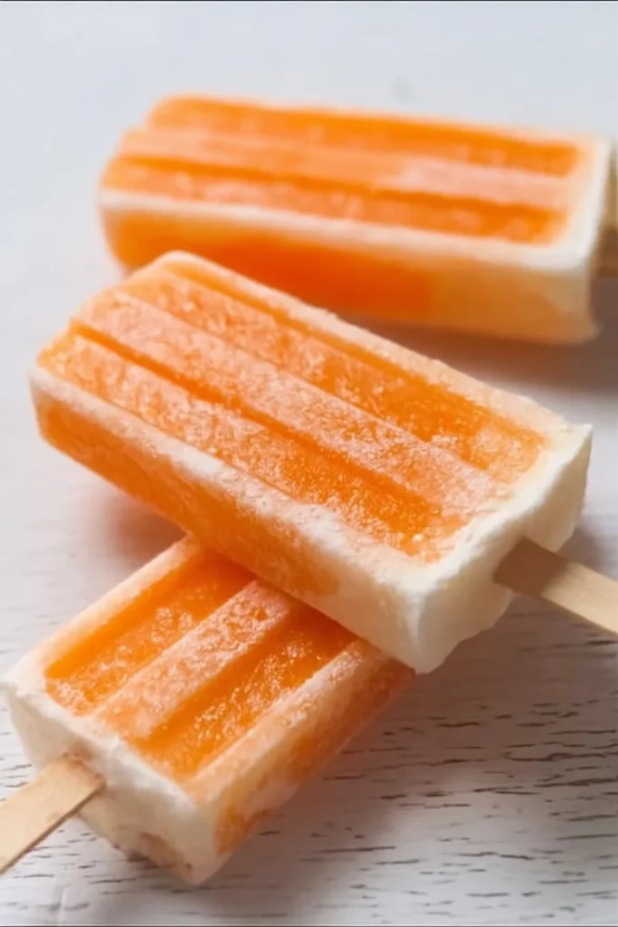 Homemade orange creamsicle popsicles on a wooden stick, ready to enjoy.
