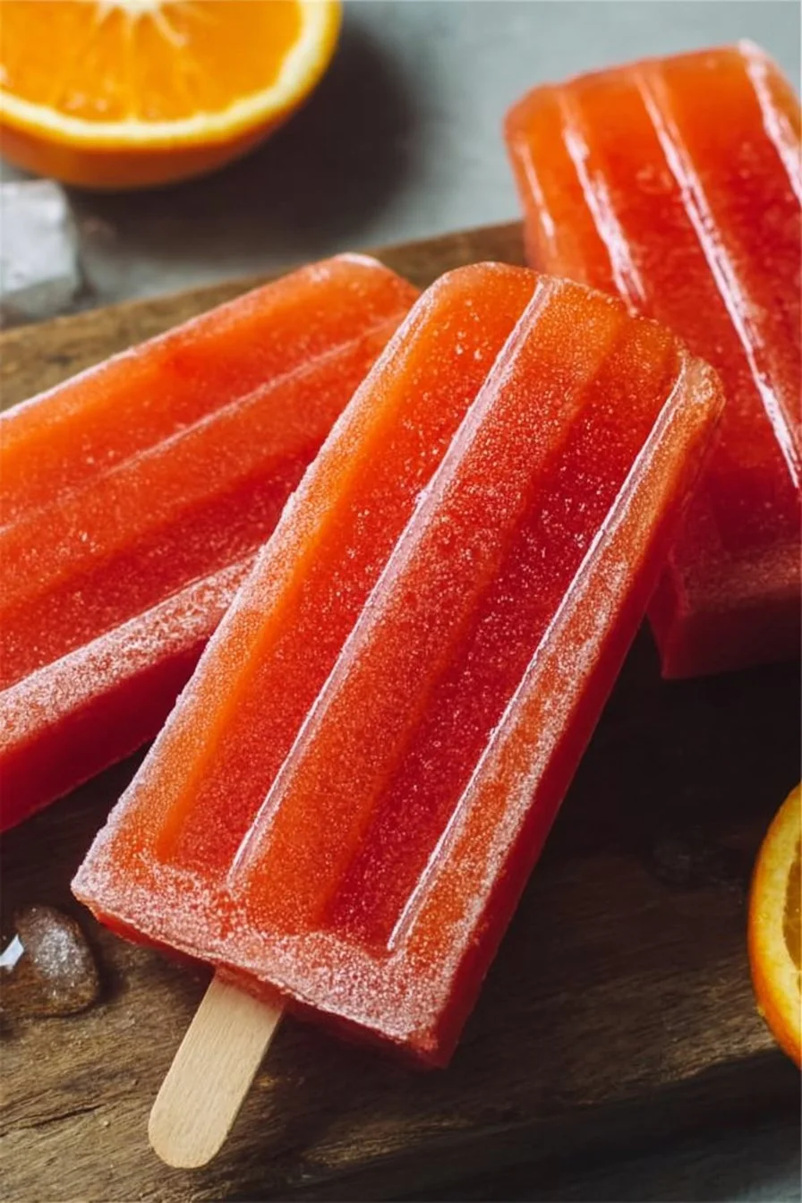 Orange Strawberry Popsicles 2 Homemade Orange Strawberry Popsicles on a wooden table