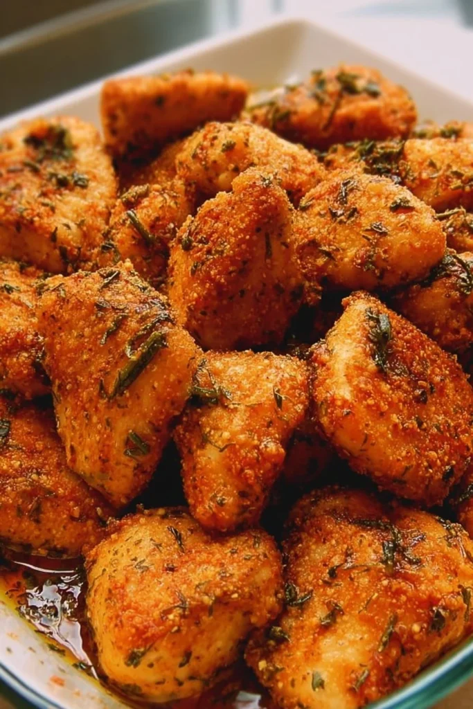 Oven-baked chicken bites served on a plate, golden and crispy.