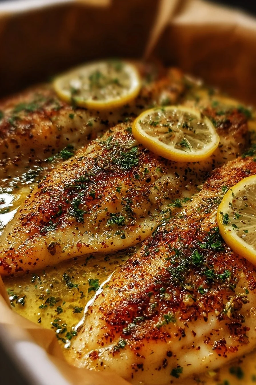 Oven-Baked Garlic Butter Tilapia 2 Oven-baked garlic butter tilapia served with lemon and vegetables