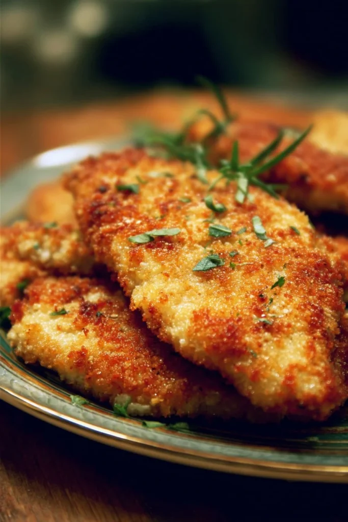 Golden Parmesan Crusted Chicken served on a plate with herbs and lemon wedges