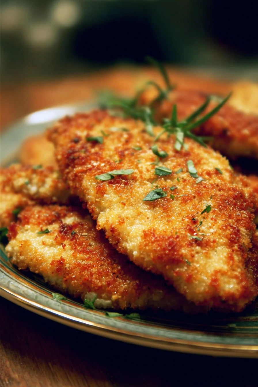 Parmesan Crusted Chicken 2 Golden Parmesan Crusted Chicken served on a plate with herbs and lemon wedges