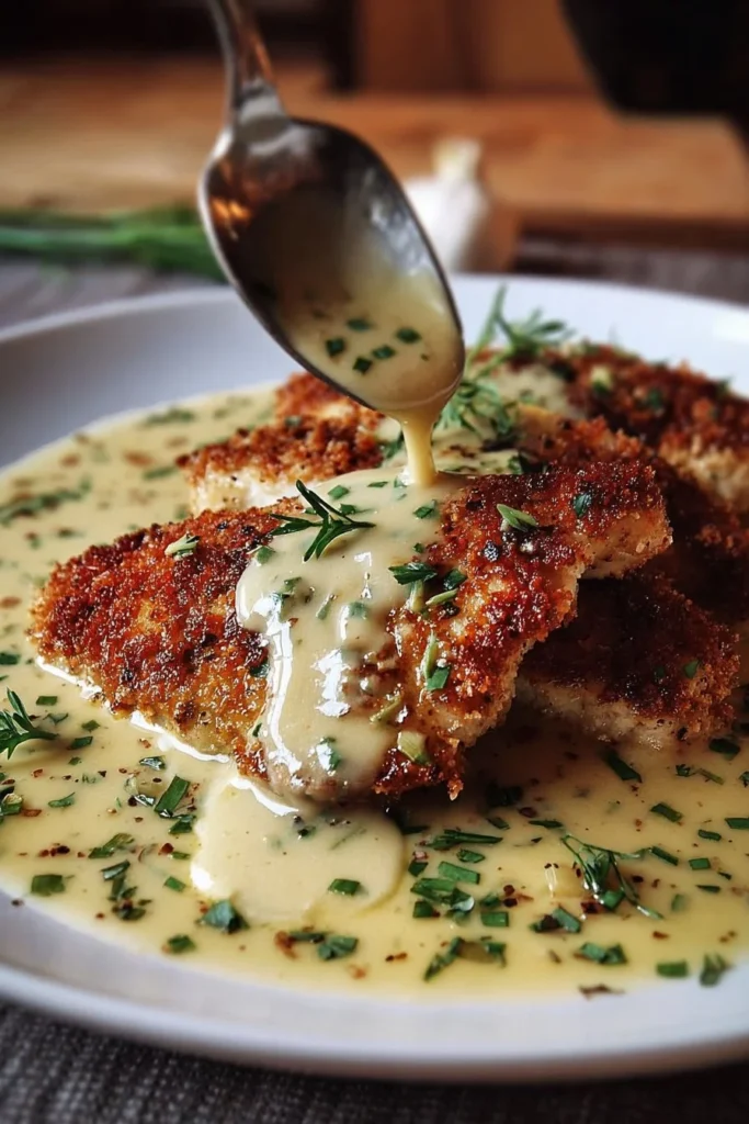 Delicious Parmesan-Crusted Chicken served with creamy garlic sauce