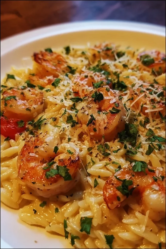 Creamy Parmesan Orzo with Shrimp dish served in a bowl