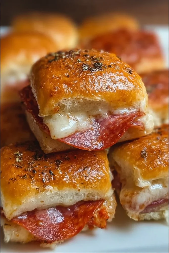 Pepperoni pizza sliders served on a platter with toppings.